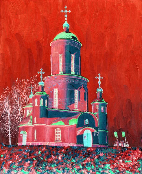 Pintura Óleo Sobre Tela Bela Igreja Iluminada Pelo Sol Uma — Fotografia de Stock