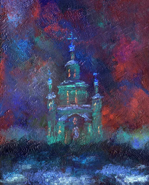 Huile Peinture Sur Toile Belle Église Par Une Nuit Hiver — Photo