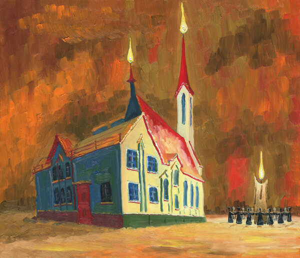 Oil Painting. Beautiful Cathedral on a winter night. On the spiers the flame burns like a candle. Outdoors priests lead round dance around the big burning candle. Rough brush strokes.