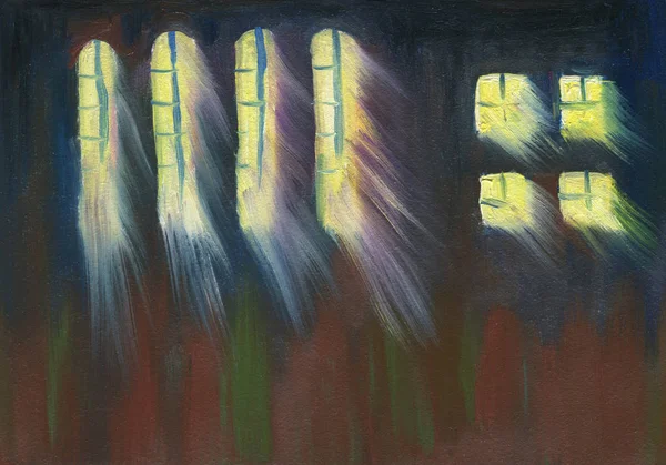 Oil Painting. Divine light going through the window of the cathedral on a dark night. Rough brush strokes.