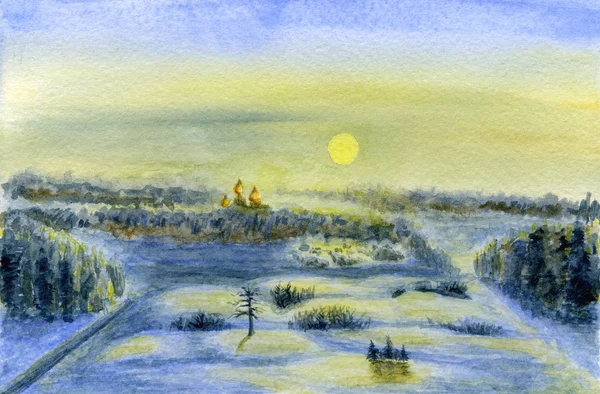 Téli Táj Hajnalban Nap Kivilágított Erdő Fák Templom Távolban Akvarell — Stock Fotó