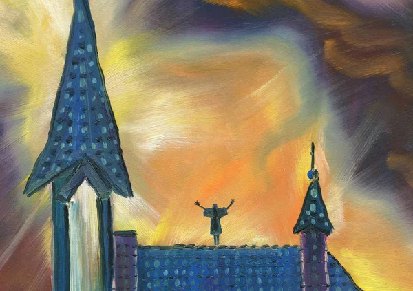 Oil Painting Beautiful Cathedral Night Sky Radiance Symbolizes God Man — Stock Photo, Image