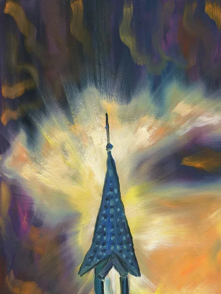 Pintura Óleo Torre Con Una Aguja Catedral Por Noche Cielo —  Fotos de Stock