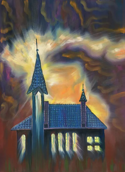 Peinture Huile Belle Cathédrale Nuit Par Les Fenêtres Lumière Dans — Photo