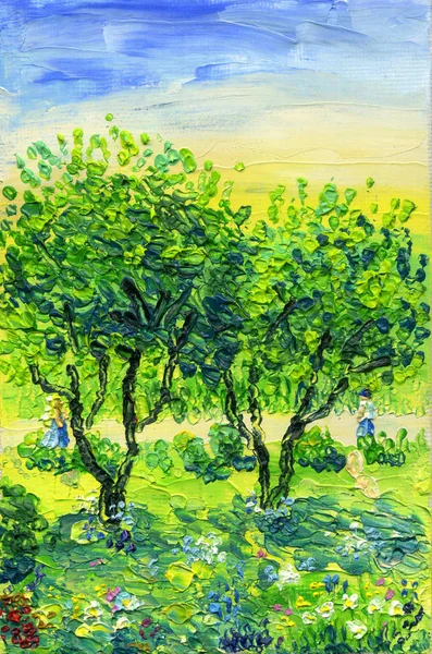 Apple-tree garden with flowers in a meadow and a loving couple in the background. Oil painting on canvas. Technique of palette knitting.