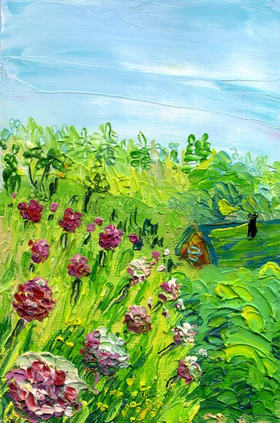 Bazsarózsa Virágok Kertben Háttérben Tető Ház Erdő Láthatók Olajfestmény Vásznon — Stock Fotó
