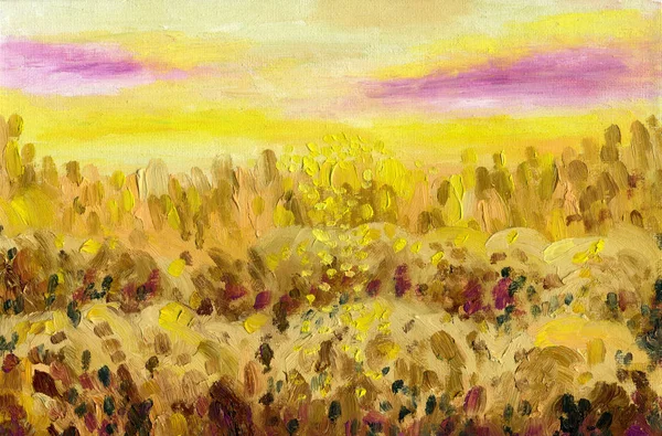 Abstract sunset in the countryside. Rough brush strokes. Oil painting on canvas.