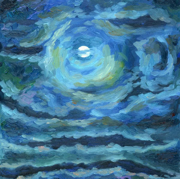 Cielo Nocturno Con Nubes Colores Luna Llena Pintura Óleo Pinceladas —  Fotos de Stock