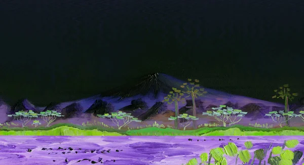 The volcano of Fujiyama, Japan. Night scenery is a starless night. Panorama of mountains, lake with trees on the shore and reeds in the foreground. Oil painting and digital technologies.