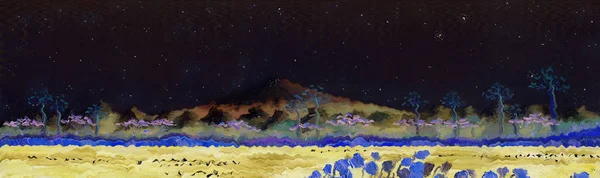 The volcano of Fujiyama, Japan. Night landscape starry night. Panorama of mountains, lake with trees on the shore and reeds in the foreground. Oil painting and digital technologies.
