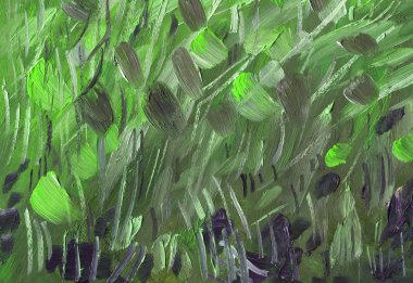 Yağlı boya doku. Sazlık ve kuru kıyı bitki örtüsü. Parlak renkli boyalar. Büyük kaba fırça darbeleri.