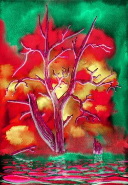 Suda kurutulmuş eski ağaç ayakta. Parlak renkler. Ay ışığında yaz gecesi. Kağıt üzerine suluboya resim.