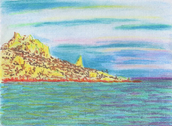 Calm seascape. Rocky cape with forest. Smooth sea and light clouds. Drawing pastel on paper with a canvas texture.