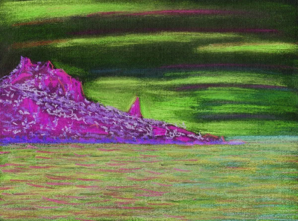 Calm seascape. Rocky cape with forest. Smooth sea and light clouds. Night time. Drawing pastel on paper with a canvas texture.