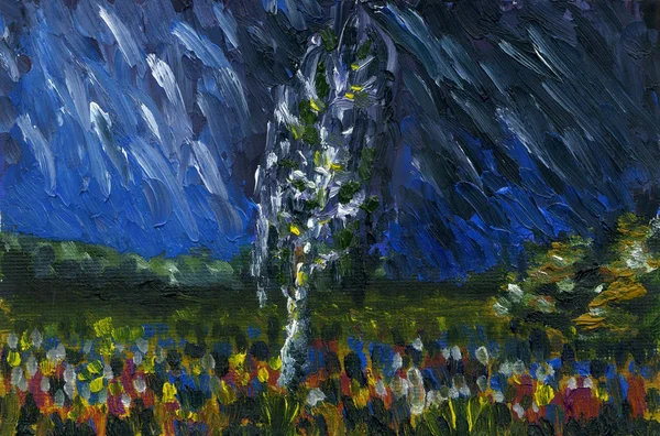 田野里的孤树 晚上的雷声和雨 很多的花朵生长在草地上 鲜艳的颜色 油画油画 — 图库照片