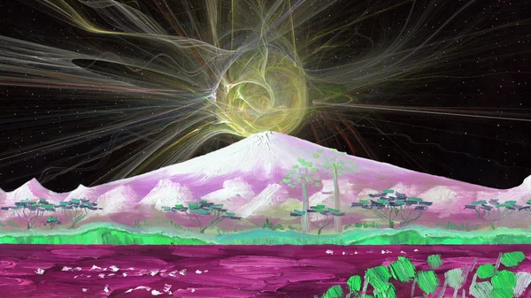 The volcano of Fujiyama, Japan, on the background of a nightly fantastic cosmic sky with galaxies and stars. Lake with trees on the shore on the foreground.Oil painting and digital fractal graphics.
