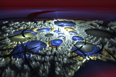 Abstrct dijital sanat. Makro fantastik dünyanın. Makro fantastik dünyanın. Plazma metal yüzeyi ile şeffaf kristalleri damlaları. Dijital sanat. Fraktal grafik teknolojileri.