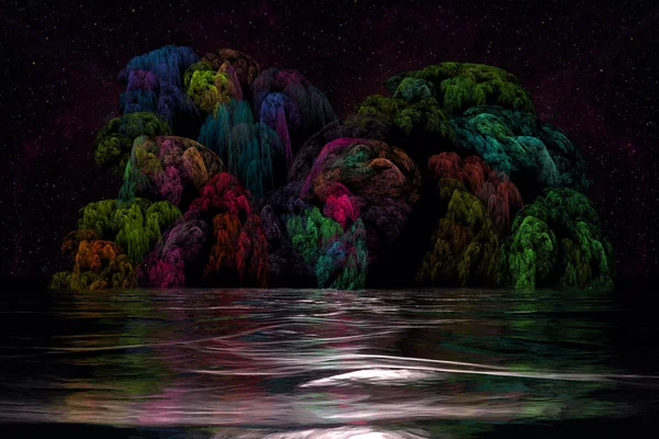 Abstrct Digitális Grafika Szürreális Éjszaka Seascape Trópusi Növényzet Közepén Nyílt — Stock Fotó