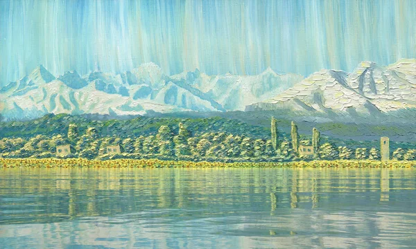 Konzeptkunst Bergpanorama Hügel Und Dorf Unter Einem Märchenhaften Himmel Der — Stockfoto