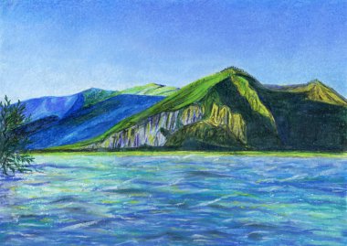 Güzel dağ manzarası açık bir gökyüzü günbatımı ve bir nehir ön planda dağların bir sırt ile. Kağıt üzerine çizim pastel.