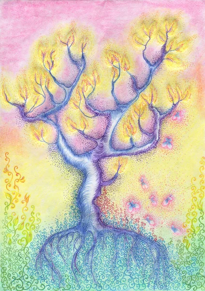 A beautiful fairy tree with roots and leaves. Drawing with colored pencils on paper.