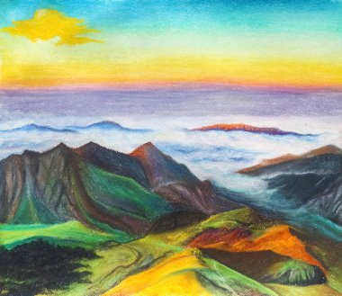 Güzel dağ manzarası ile dağ ve ova kapsayan bulutlar. Kağıt üzerine çizim pastel.