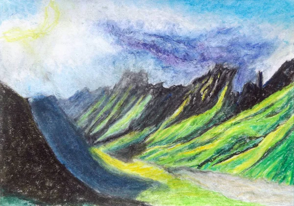 A beautiful mountain landscape with a cloudy ridge and a river valley illuminated by the sun. Drawing pastel on paper.