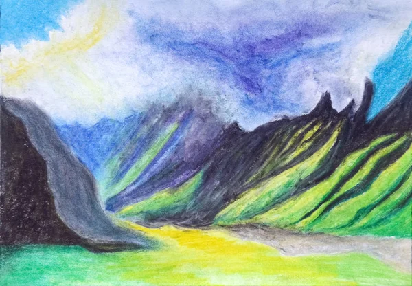 Beautiful Mountain Landscape Cloudy Ridge River Valley Illuminated Sun Drawing — Stock Photo, Image