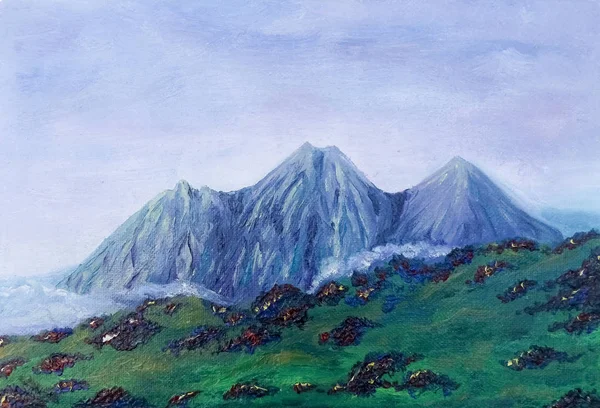 Красивый Горный Пейзаж Горами Покрытыми Туманом Травянистыми Холмами Переднем Плане — стоковое фото
