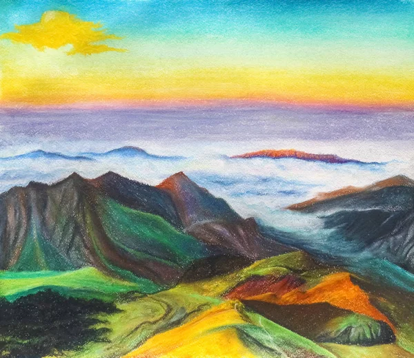 一座美丽的高山景观 覆盖着平原的山脉和云层 在纸上画粉彩 — 图库照片