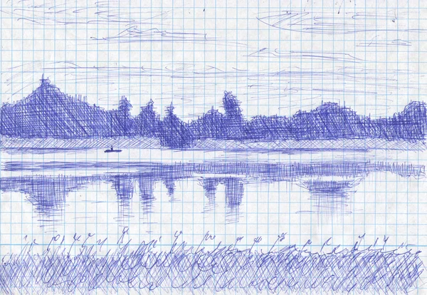 Landscape with lake, forest, reflections and a boat with a fisherman. Stylish drawing pen on a sheet of squared notebook.