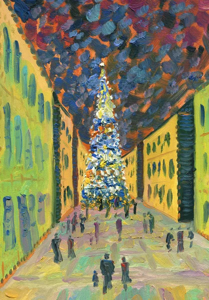 Festive Street Evening City Christmas Time People Christmas Tree Oil — Stock Photo, Image