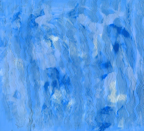 Blue clean and background with interesting wavy oil paint texture. Surface made with a palette knife. Oil Painting On Glass View from the back.