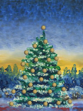 Noel tebrik kartı. Yağlıboya resim ve dijital teknoloji. Orman arka planda süslemeleri ile Noel ağacı. Akşam, gün batımı zamanı.