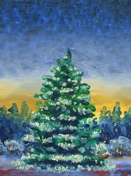 Boże Narodzenie Życzeniami Malarstwo Olejne Technologii Cyfrowej Christmas Tree Pokryte — Zdjęcie stockowe
