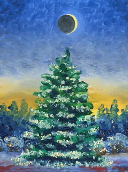圣诞贺卡 油画和数字技术 圣诞树上覆盖着白雪 日落时间 天空中的年轻月亮 免版税图库图片