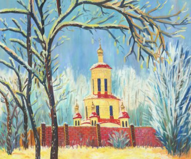Buz kaplı ağaçlarıyla çevrili kilise bir güneşli kış gününde. Yağlıboya resim