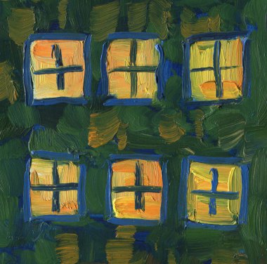 Evin windows ışıkta. İyi geceler. Yağlı boya. Büyük fırça darbeleri.