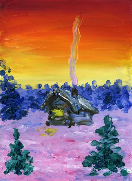 Country house in the midst of a winter landscape. Light is burning in the window, smoke comes out of the chimney. In the background is a forest. Sunset time. Oil painting