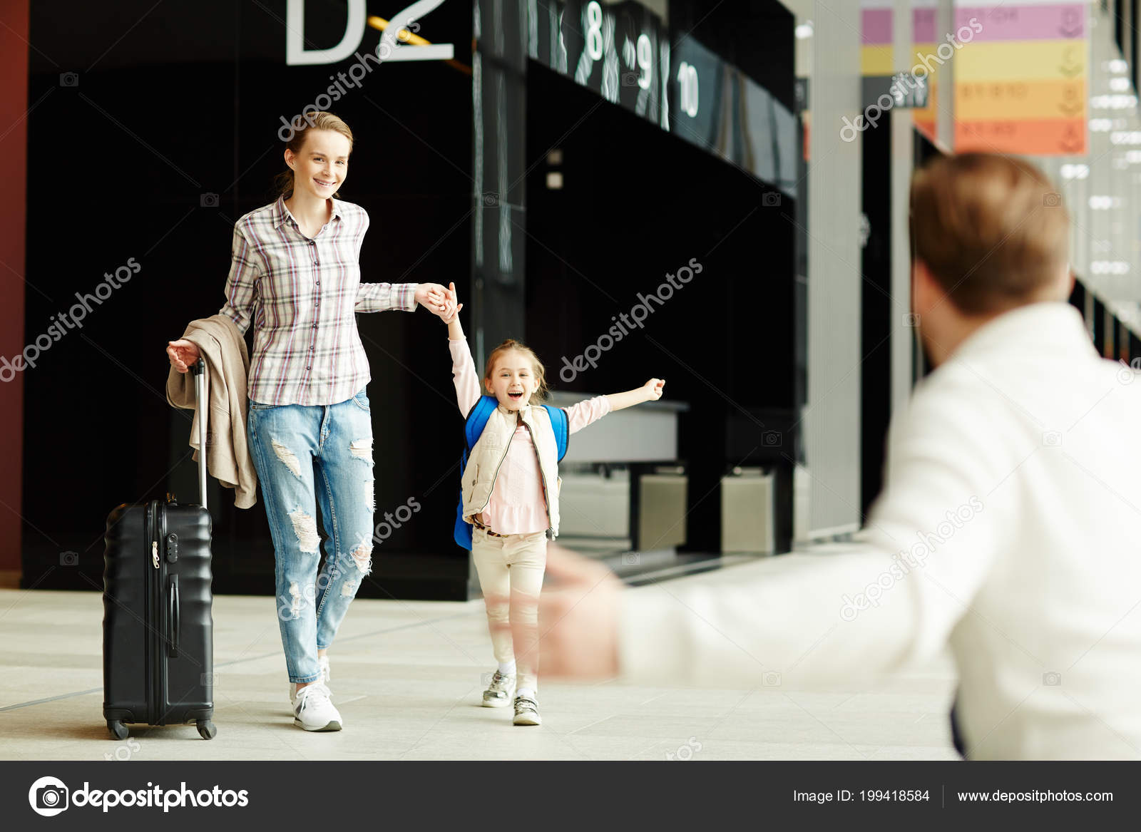 Ecstatic Daughter Running Her Father Arrival Airport Mother Stock Photo C Pressmaster 199418584