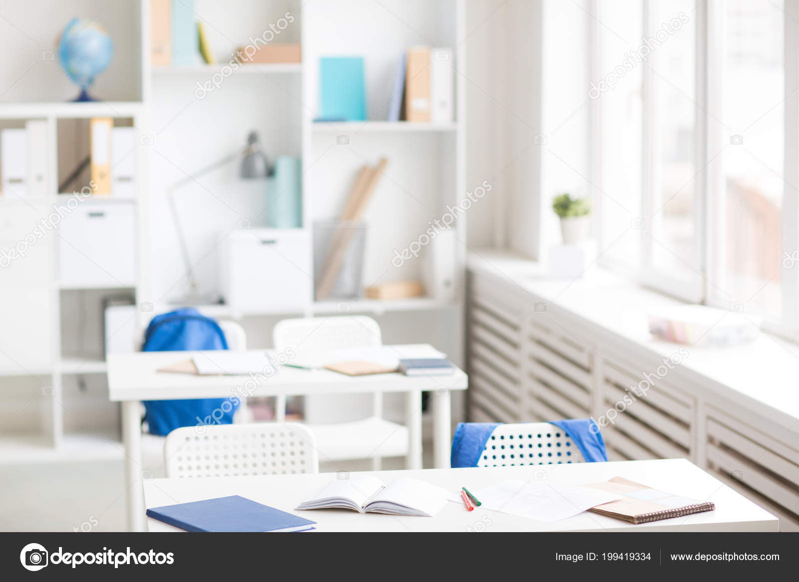 Row Desks School Supplies Chairs Backpacks Pupils Empty Classroom