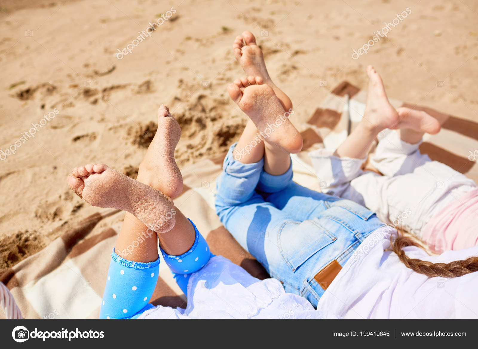 Soles Bare Feet Girls Lying Sandy Beach Hot Summer Day Stock Photo Soles Bare Feet Girls Lying Sandy Beach Hot Summer Day Stock Photo