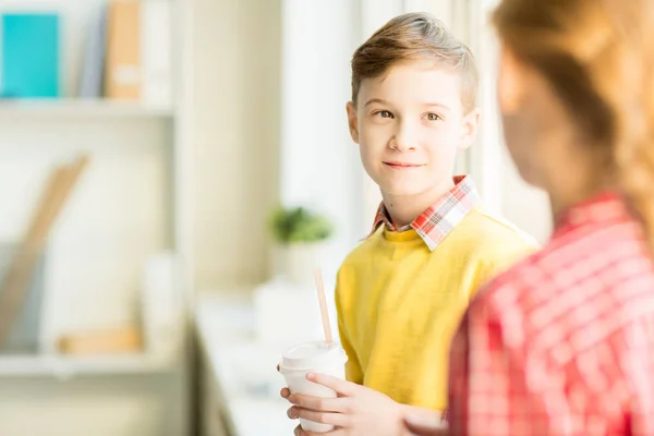 Little Boy Glass Drink Looking His Classmate Conversation Break — Stock Photo, Image