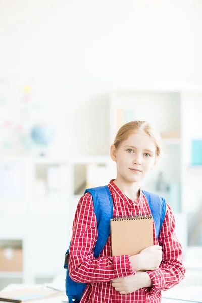 Pretty Youthful Schoolgirl Notepad Backpack Looking You Her Classroom — Stock Photo, Image