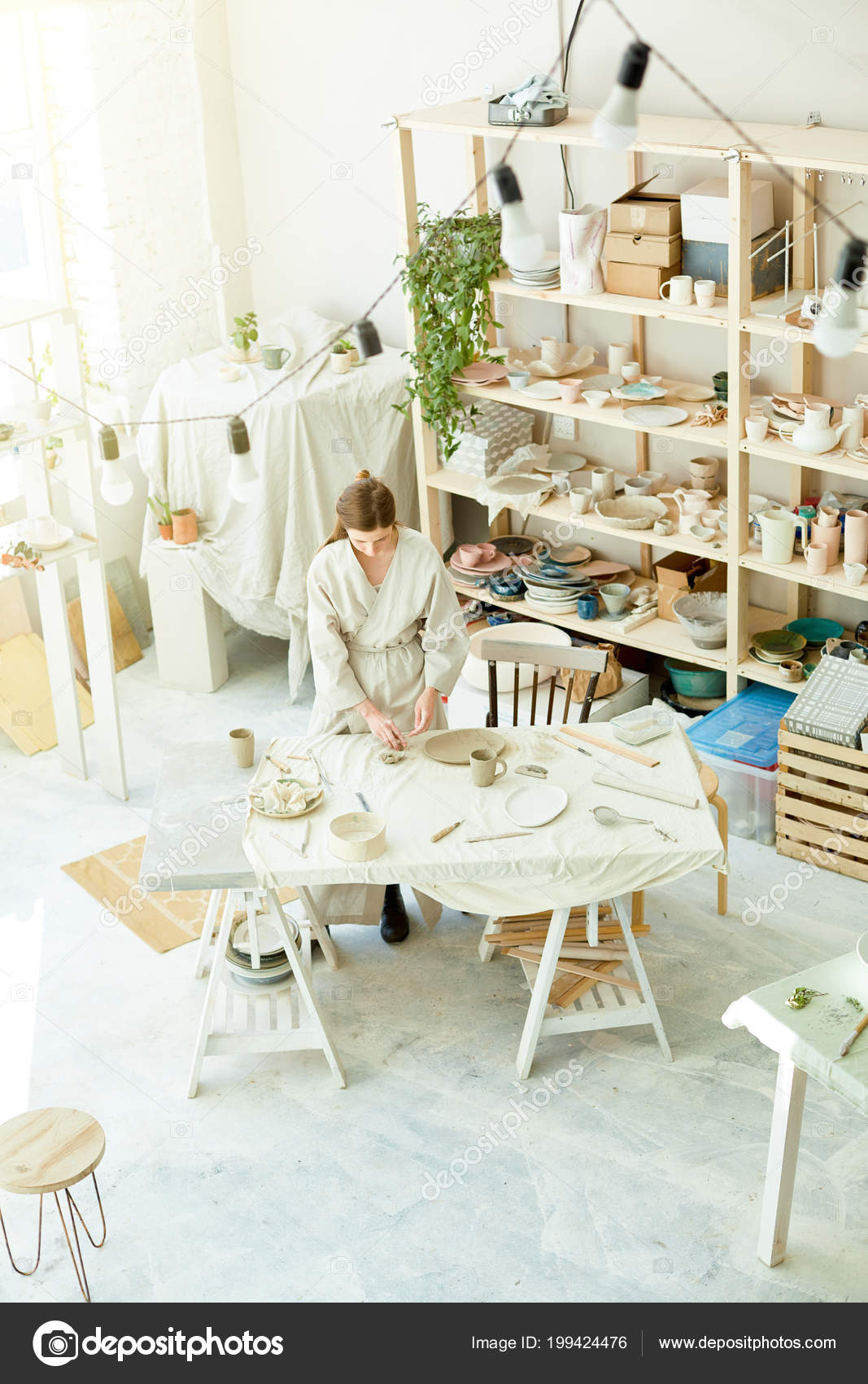 View Small Modern Workroom Table Young Woman Kimono Making