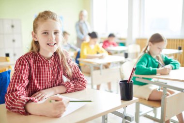 Mutlu İlköğretim öğrenci ise resepsiyon tarafından oturan ve sınav görevler yürüten kameraya bakıyor