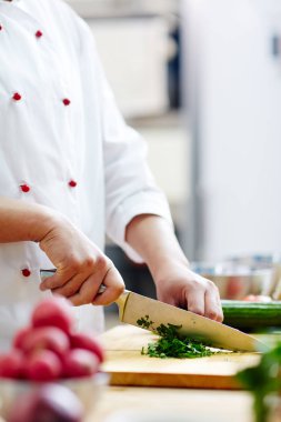 Keskin mutfak bıçağıyla yeşil aromatik bitkiler çorba, güveç veya salata için parçalama üniforma şef
