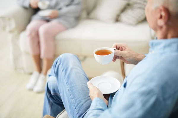 White Porcelain Cup Hot Herbal Tea Saucer Hands Aged Man — Stock Photo, Image