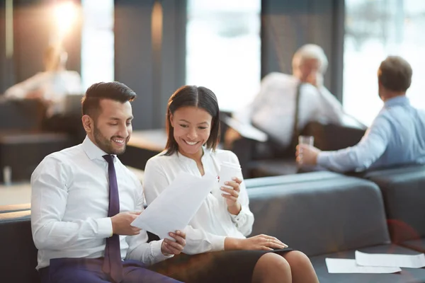 Two Elegant Partners Sitting Airport Waiting Room Looking Financial Documents — Stock Photo, Image