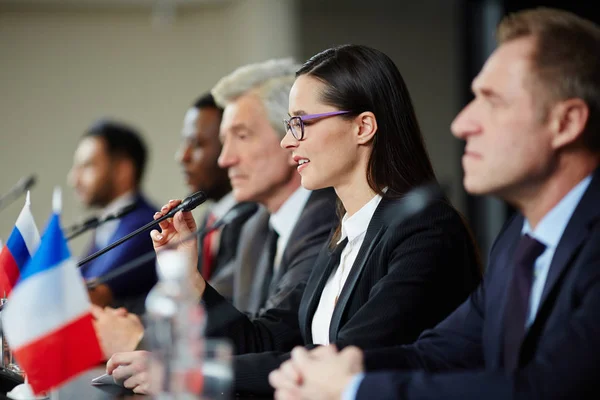 Young Female Politician Formalwear Talking Microphone While Making Report Political — Stock Photo, Image